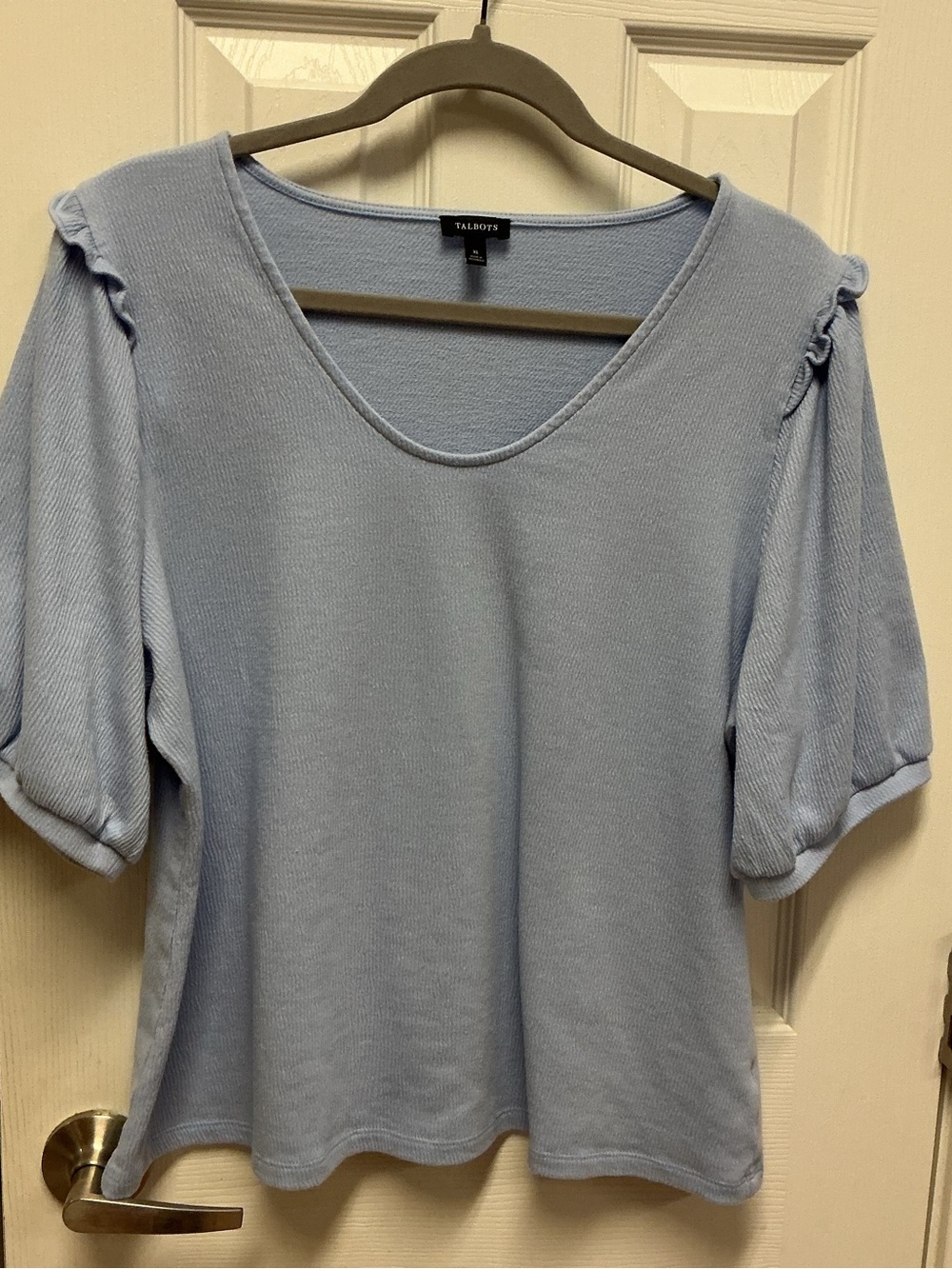 Talbots SZ XL Blue Knit Scoop Neck Puff Short Sleeve Ruffle Shoulder Top